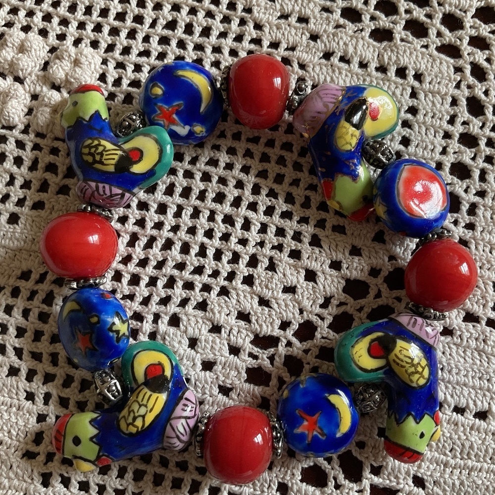 NWOT CERAMIC HAND MADE MULTICOLOR BEADS STRECH BRACELET - Picture 2 of 11